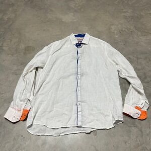 ENVY 100% Linen Collection Mens XL White Button Down Shirt Shark Print Turkey
